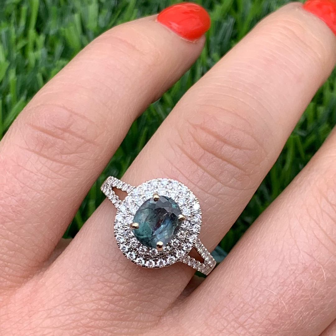 Alexandrite & Double Diamond Halo Ring