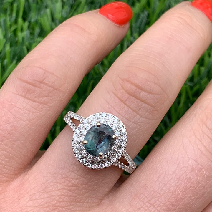 Alexandrite & Double Diamond Halo Ring