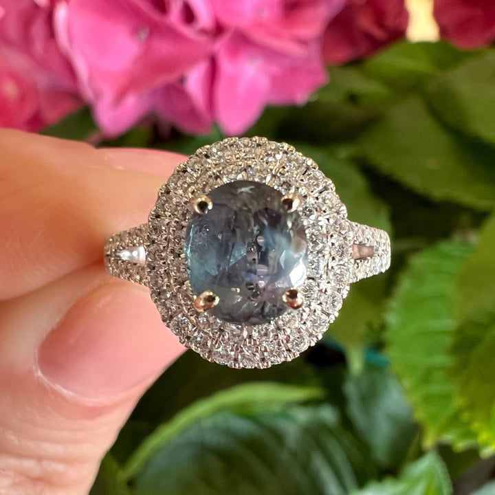 Alexandrite & Double Diamond Halo Ring