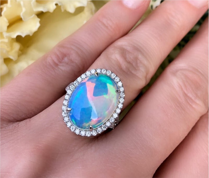 Opal & Diamond Halo Ring