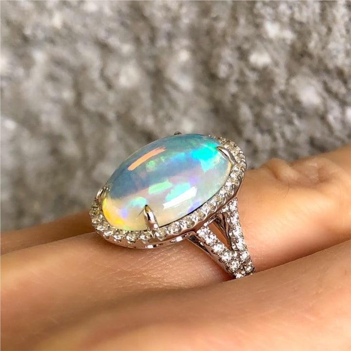 Opal & Diamond Halo Ring